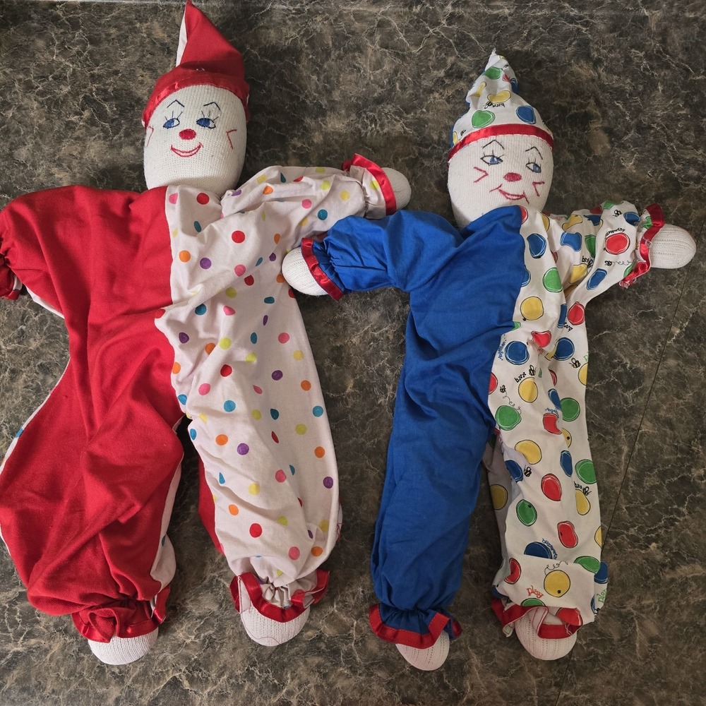 Vintage Handmade Sock Clown Dolls – Lot‎ of 2 – 18" Cloth Rag Dolls – Polka Dots